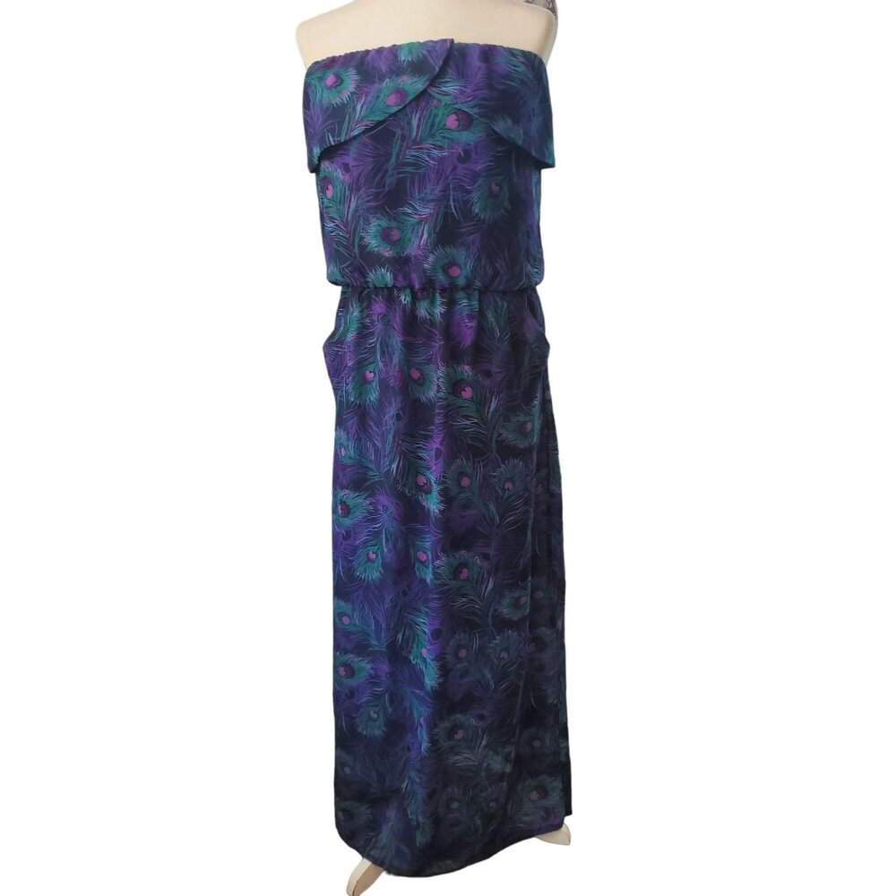 Kira Women’s Medium Purple/Green Strapless Peacock Feather Maxi Dress Pockets